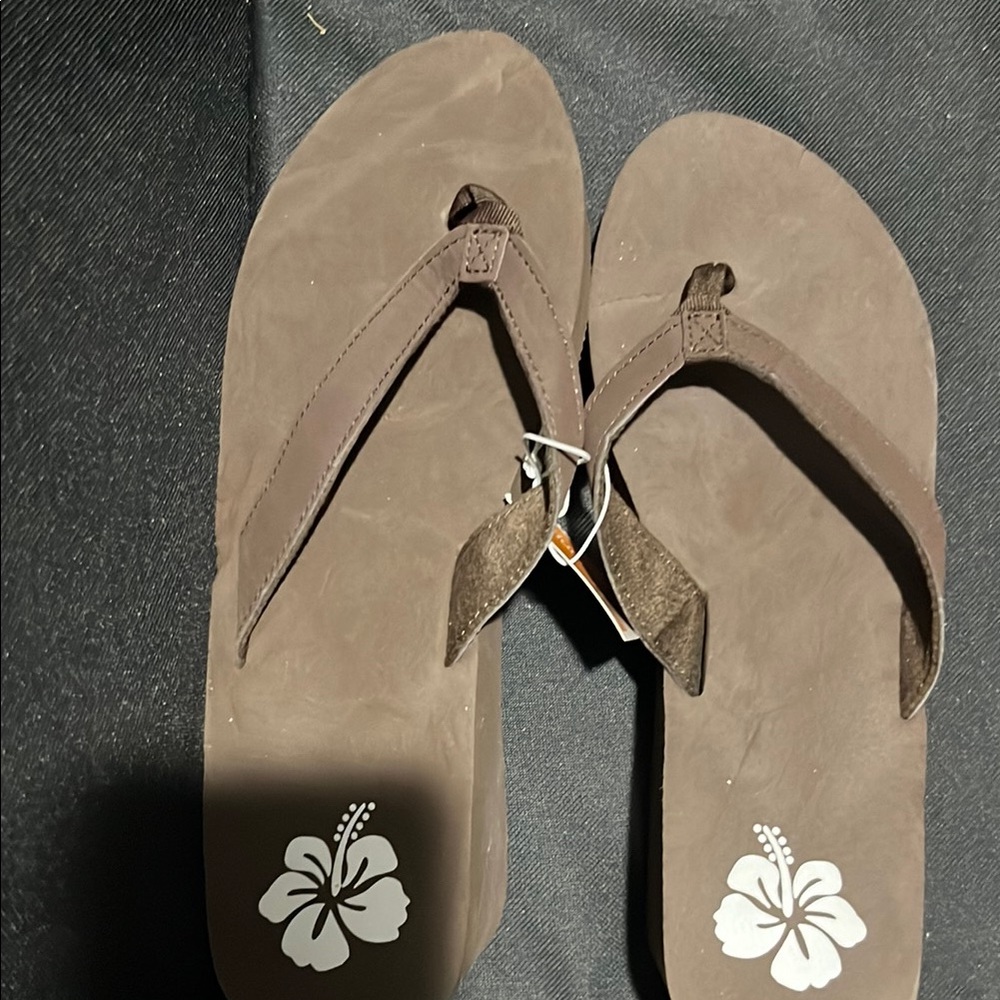 Brown Wedge Flip Flops with Floral Design